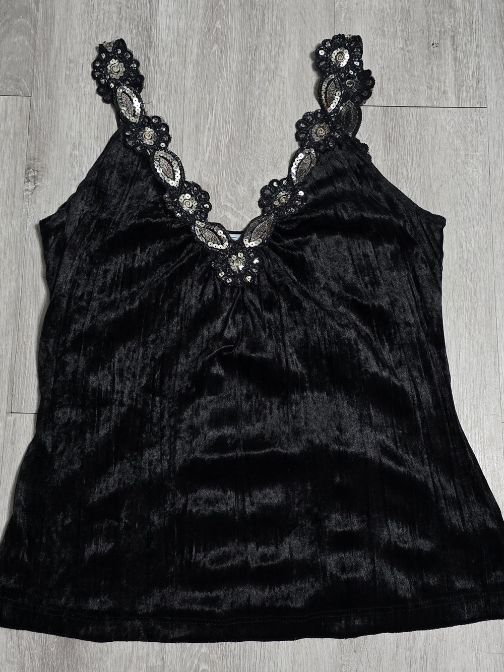 Vintage Y2K Funkadelic Black Crushed Velvet Tank Top Sequin Embellished Cami